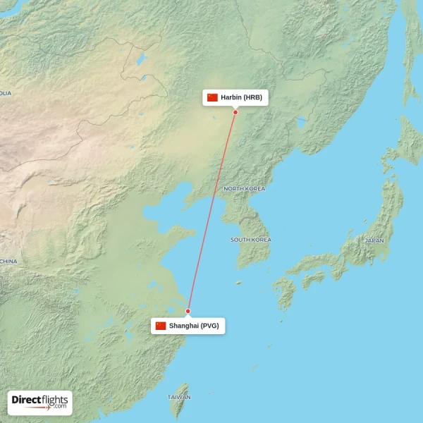 Shanghai - Harbin direct flight map