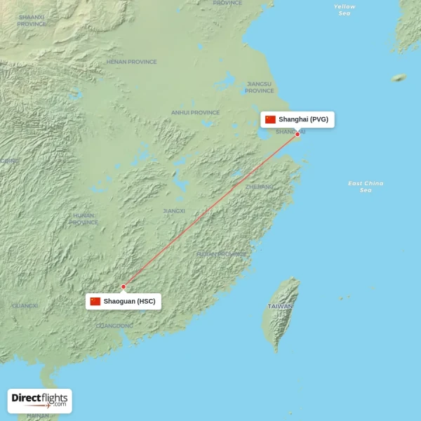 Shanghai - Shaoguan direct flight map