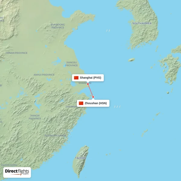 Shanghai - Zhoushan direct flight map