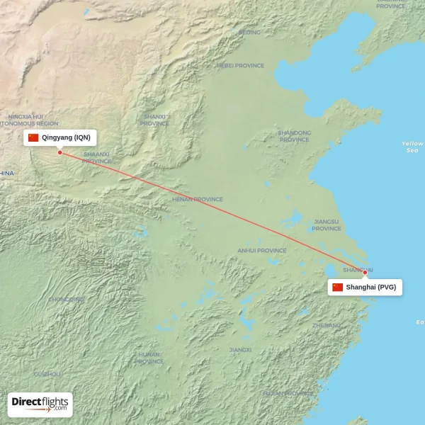 Shanghai - Qingyang direct flight map