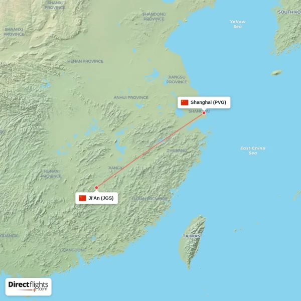 Shanghai - Ji'An direct flight map