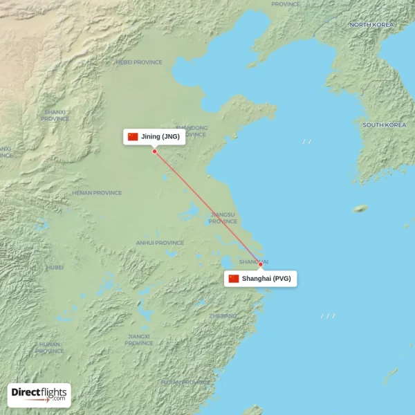 Shanghai - Jining direct flight map