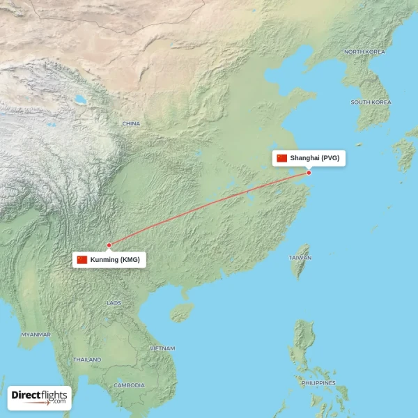 Shanghai - Kunming direct flight map