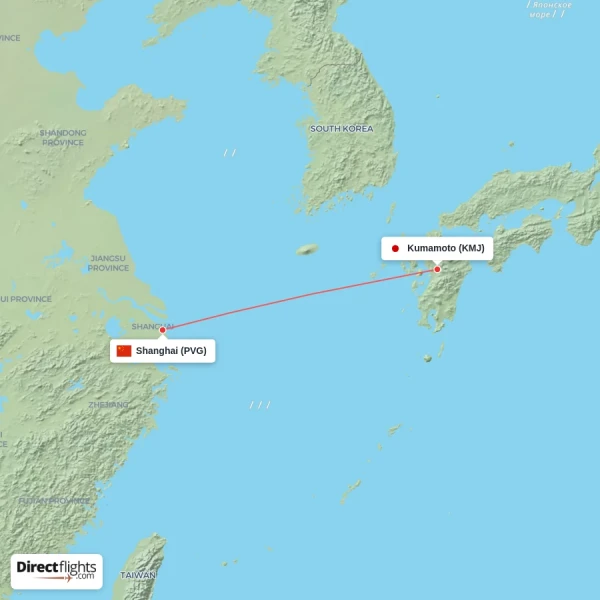 Shanghai - Kumamoto direct flight map