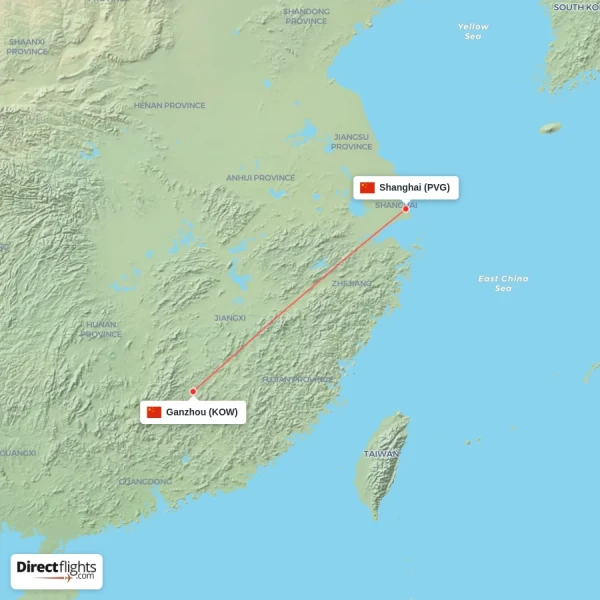 Shanghai - Ganzhou direct flight map