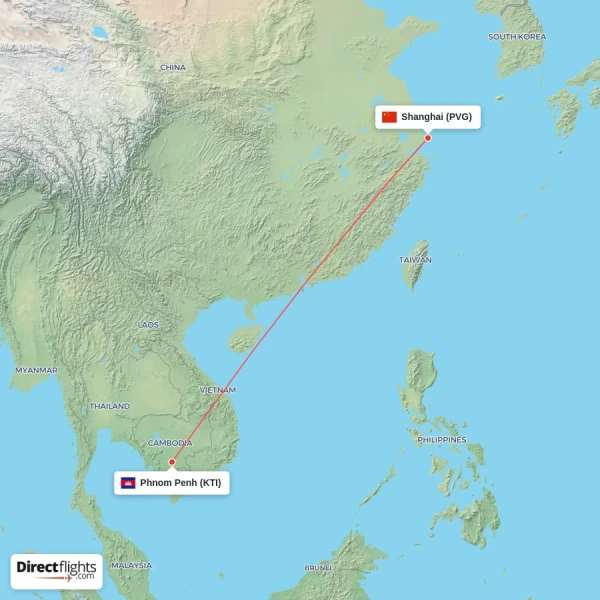 Shanghai - Phnom Penh direct flight map
