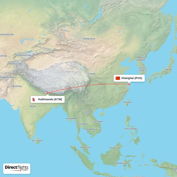 Shanghai - Kathmandu direct flight map