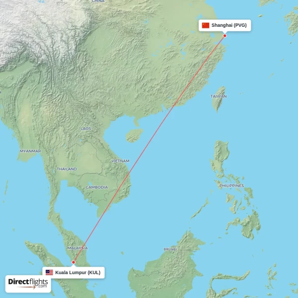 Shanghai - Kuala Lumpur direct flight map