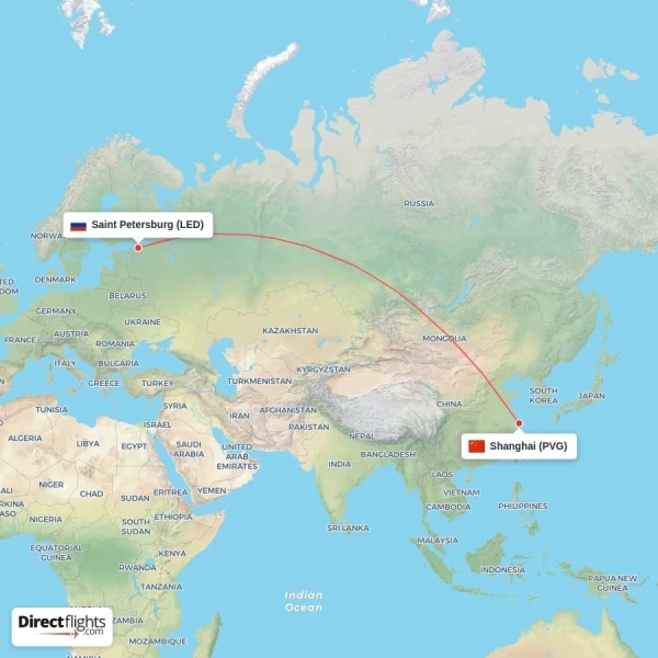 Shanghai - Saint Petersburg direct flight map