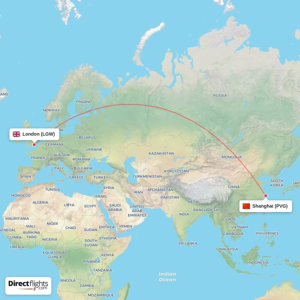 Shanghai - London direct flight map