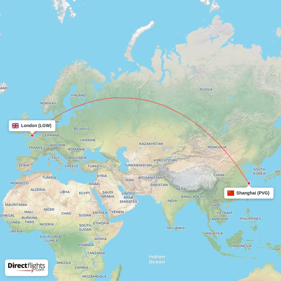 PVG - LGW route map