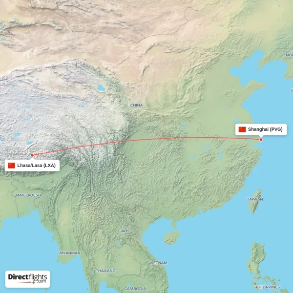Shanghai - Lhasa/Lasa direct flight map