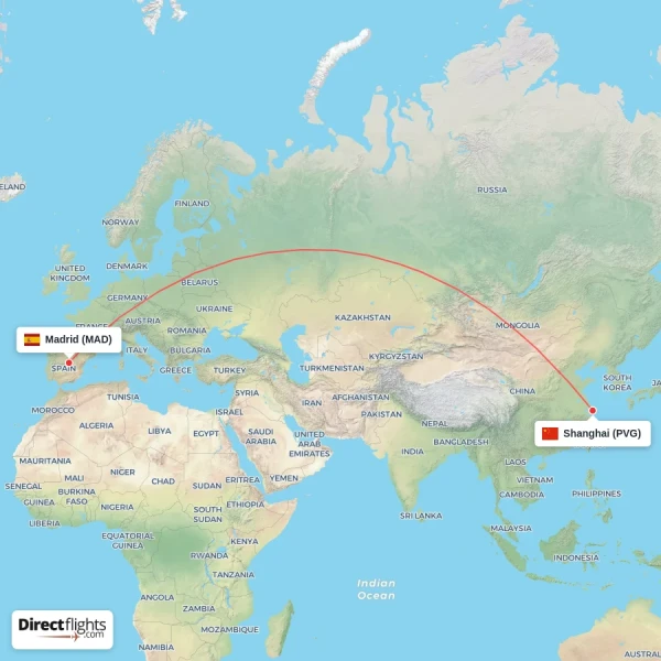 Shanghai - Madrid direct flight map