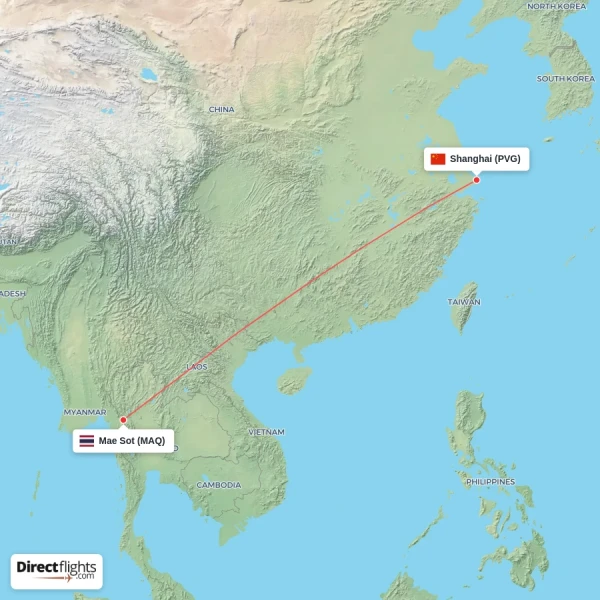 Shanghai - Mae Sot direct flight map