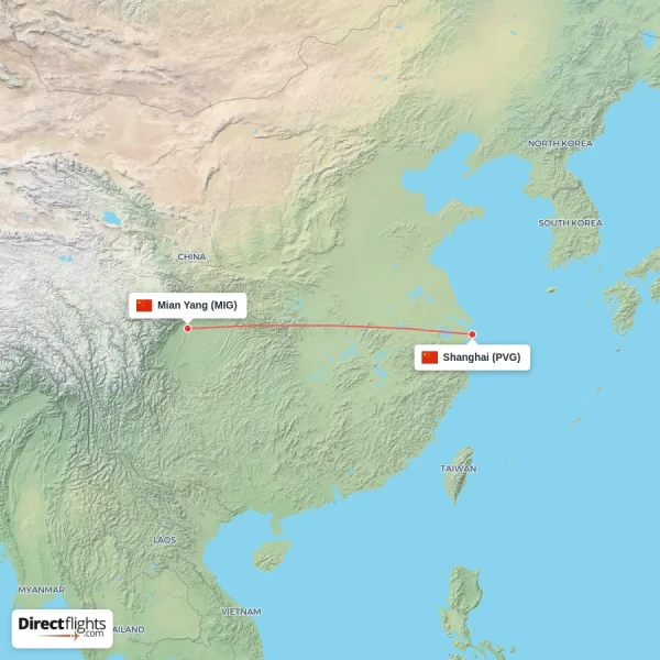 Shanghai - Mian Yang direct flight map