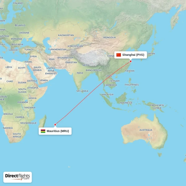 Shanghai - Mauritius direct flight map