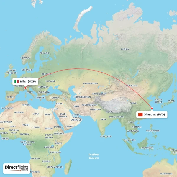 Shanghai - Milan direct flight map