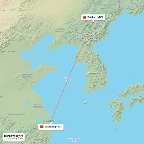 Shanghai - Baishan direct flight map
