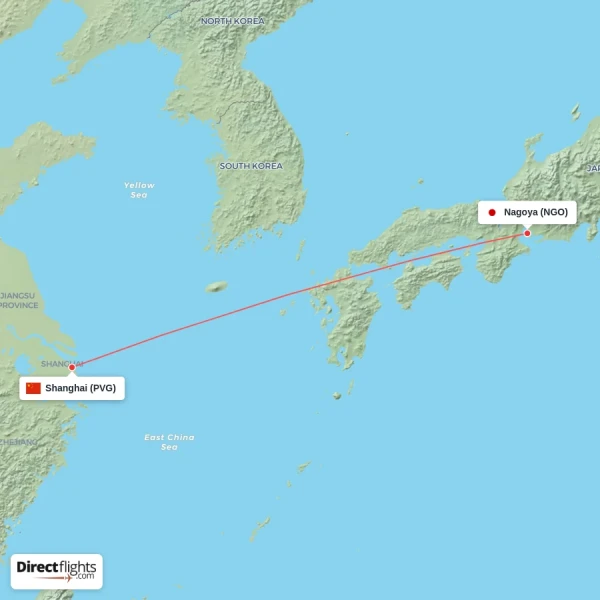 Shanghai - Nagoya direct flight map