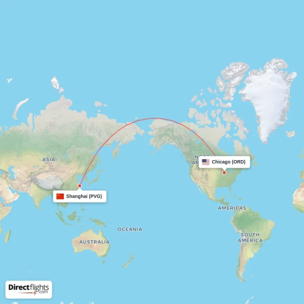 Shanghai - Chicago direct flight map