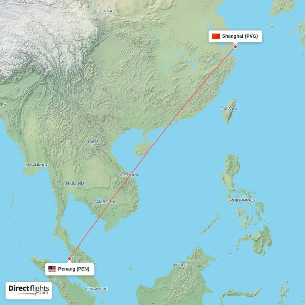 Shanghai - Penang direct flight map