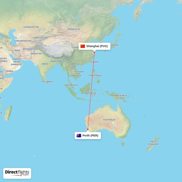 Shanghai - Perth direct flight map