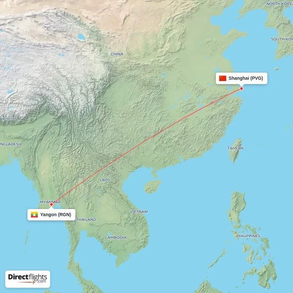 Shanghai - Yangon direct flight map