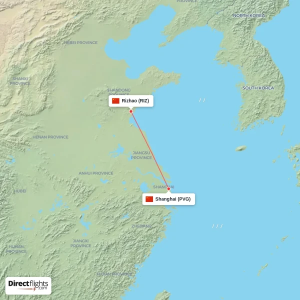 Shanghai - Rizhao direct flight map