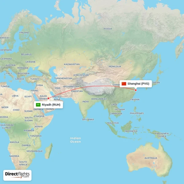 Shanghai - Riyadh direct flight map