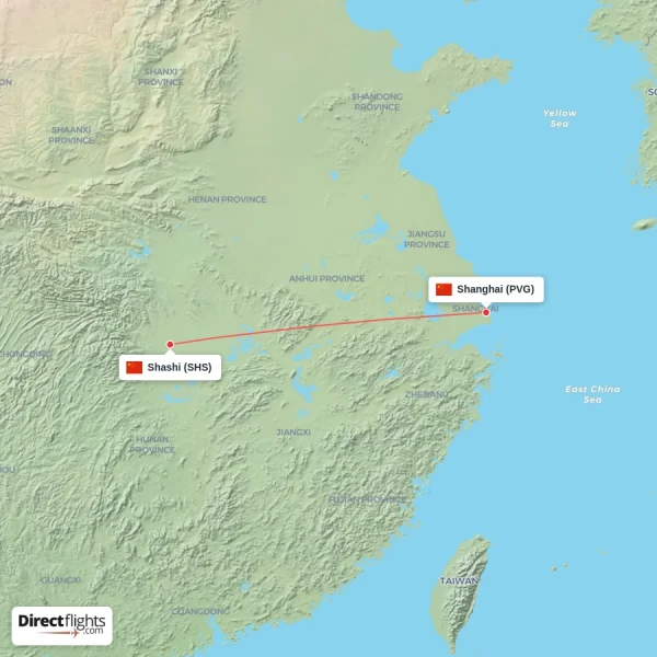 Shanghai - Shashi direct flight map