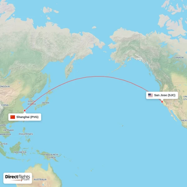Shanghai - San Jose direct flight map