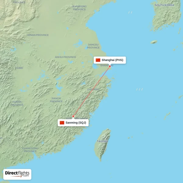 Shanghai - Sanming direct flight map