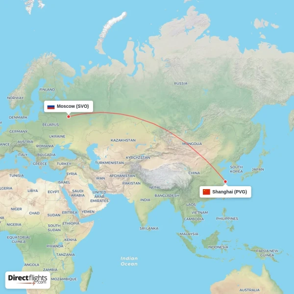 Shanghai - Moscow direct flight map