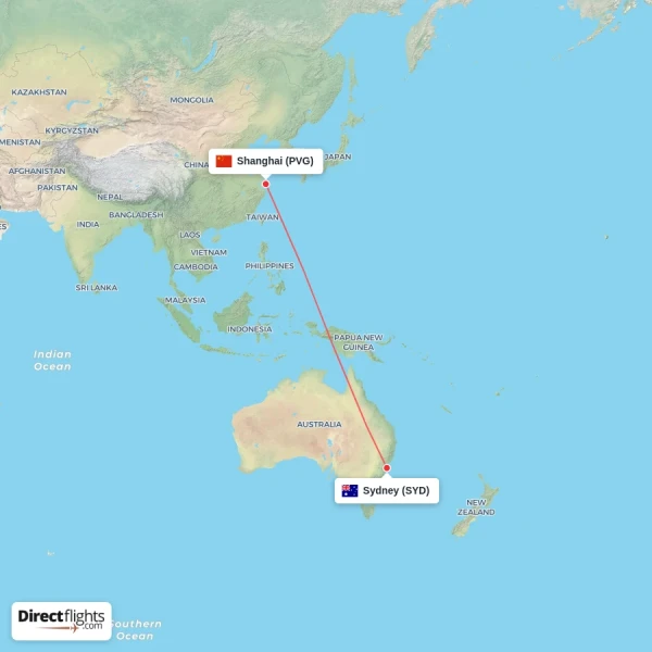 Shanghai - Sydney direct flight map