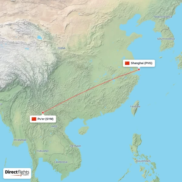 Shanghai - Pu'er direct flight map