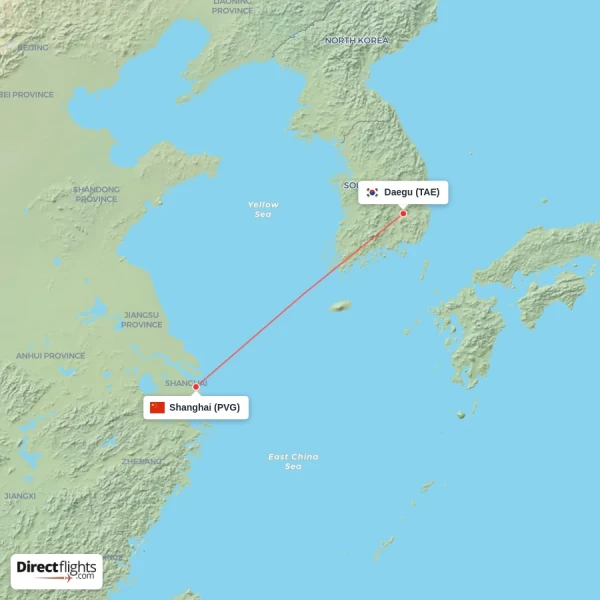Shanghai - Daegu direct flight map