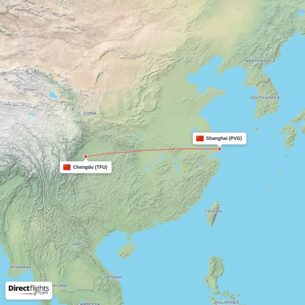 Shanghai - Chengdu direct flight map