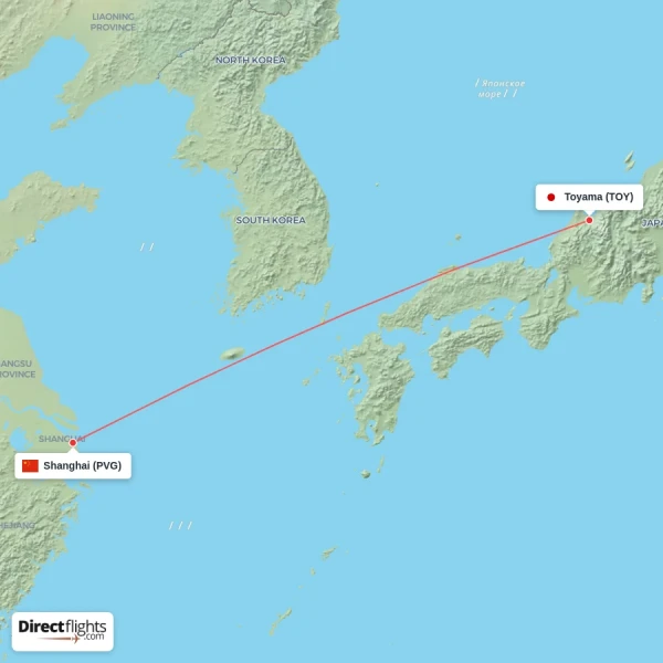 Shanghai - Toyama direct flight map