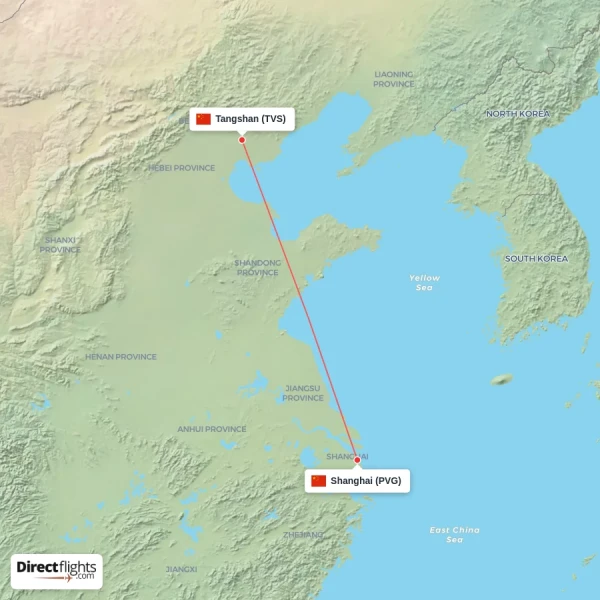 Shanghai - Tangshan direct flight map