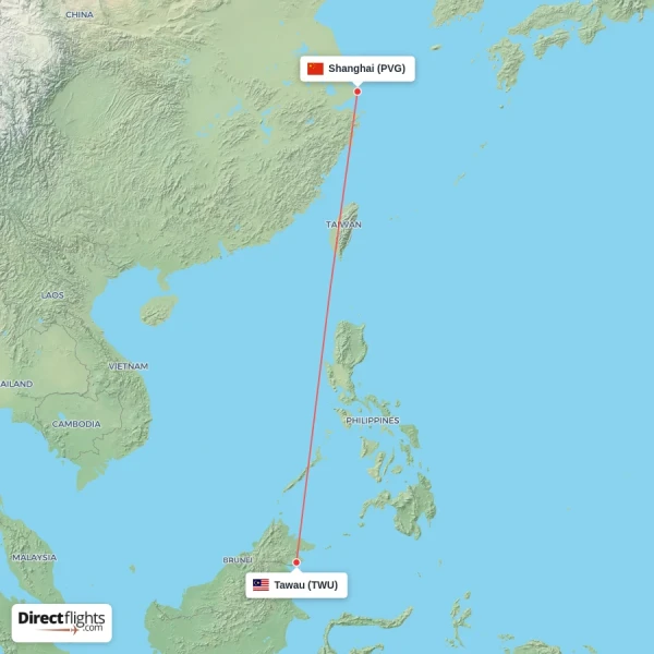 Shanghai - Tawau direct flight map
