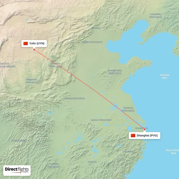 Shanghai - Yulin direct flight map