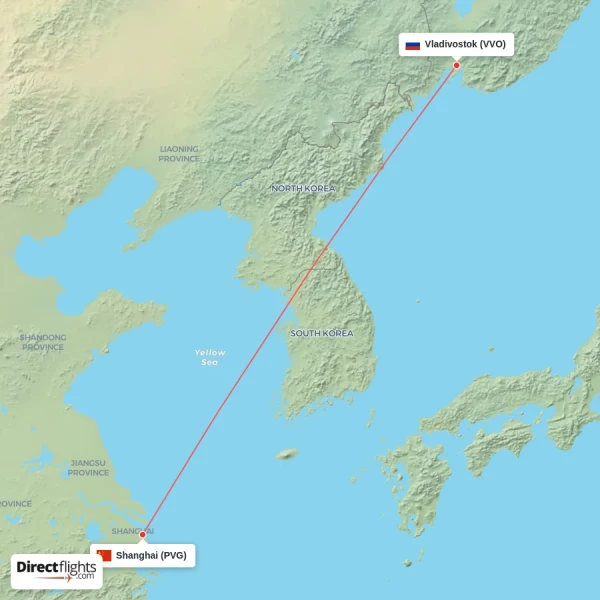 Shanghai - Vladivostok direct flight map