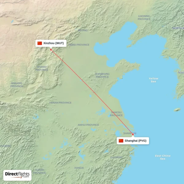 Shanghai - Xinzhou direct flight map