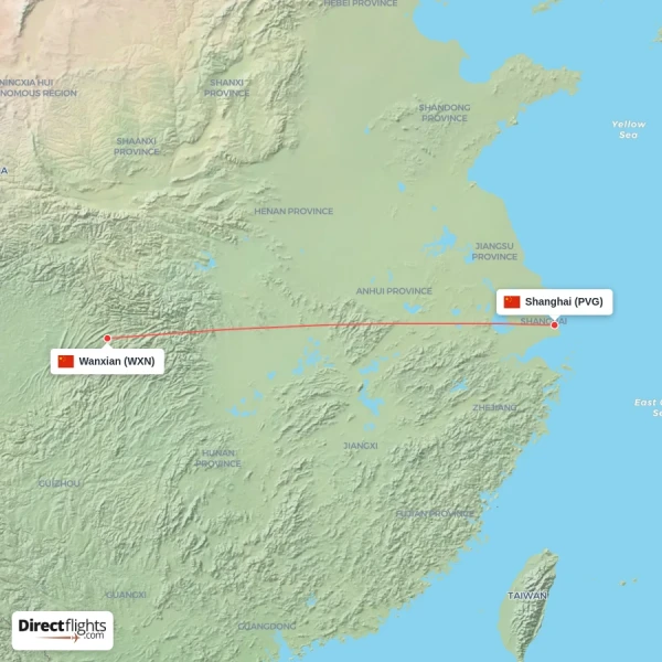 Shanghai - Wanxian direct flight map