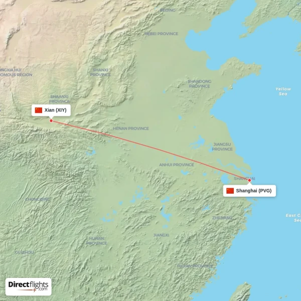 Shanghai - Xian direct flight map