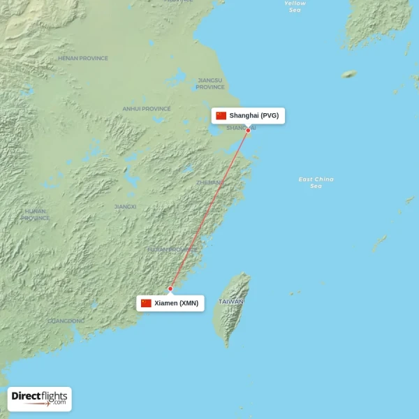 Shanghai - Xiamen direct flight map