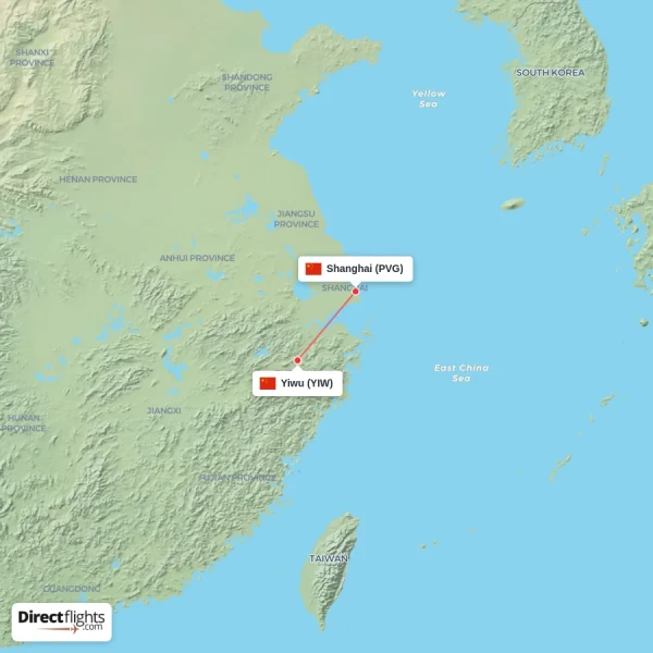 Shanghai - Yiwu direct flight map
