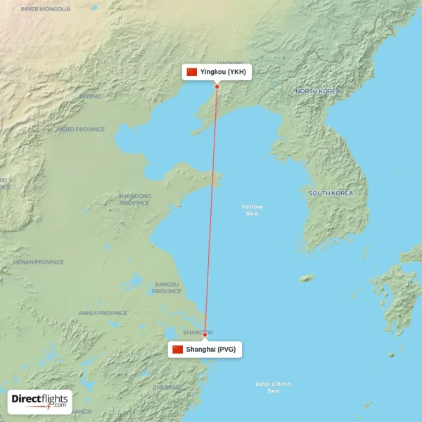 Shanghai - Yingkou direct flight map