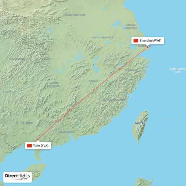 Shanghai - Yulin direct flight map