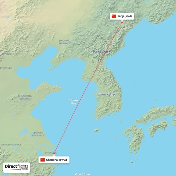 Shanghai - Yanji direct flight map